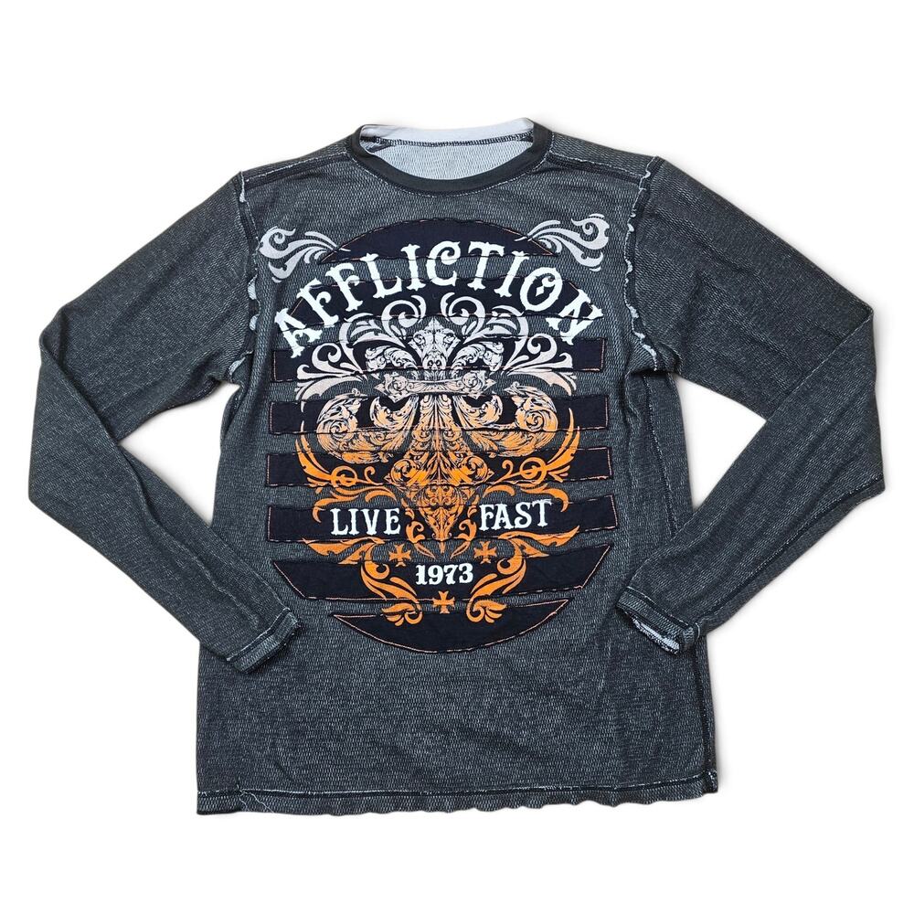 AFFLICTION Long Sleeve Shirt Mens XL VTG Y2K Graphic Distressed Biker Grunge